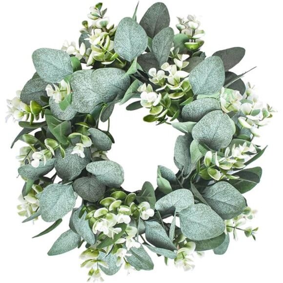 1 Pack Green Eucalyptus Wreath Round Artificial Farmhouse Wreath for Door Wall - Picture 1 of 7